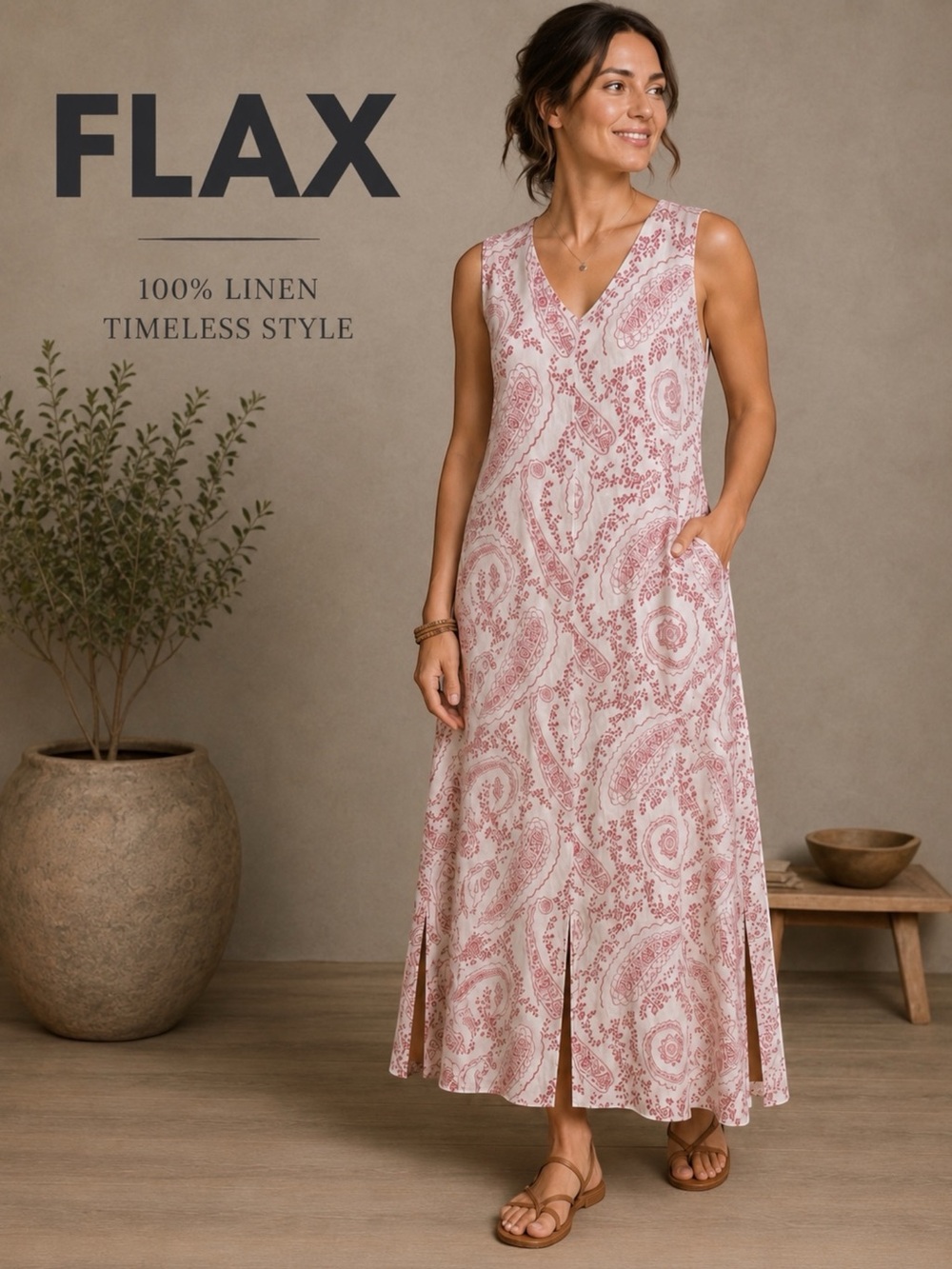 NWOT FLAX Linen A-Line Lagenlook Maxi Dress Red Floral Moroccan Print Sz Medium